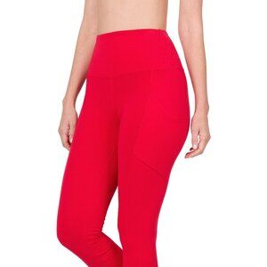 Zenana Better Cotton Wide Yoga Waistband Small Pocket Leggings Ruby Red